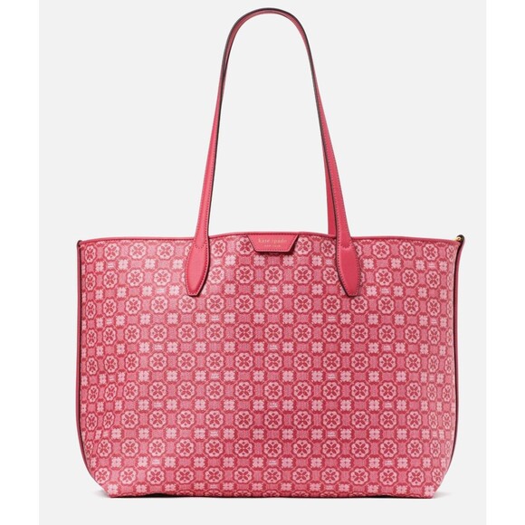 New Kate Spade Flower Monogram Coated Canvas Tote Raspberry Multi with Pouch - Picture 1 of 4